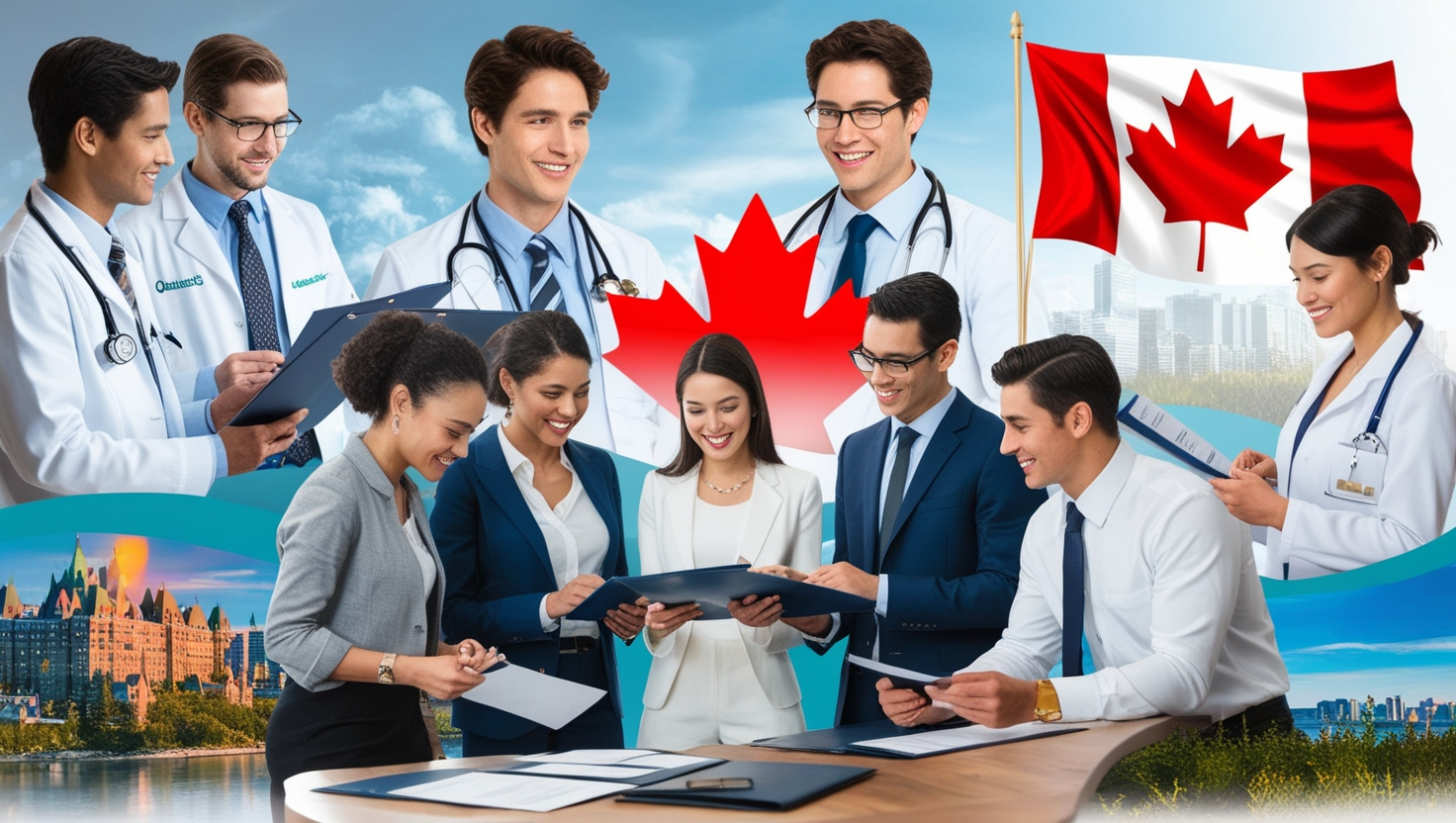 مشهد حضري في كندا يظهر فرص العمل والهجرة مع معالم المدينة الكندية.